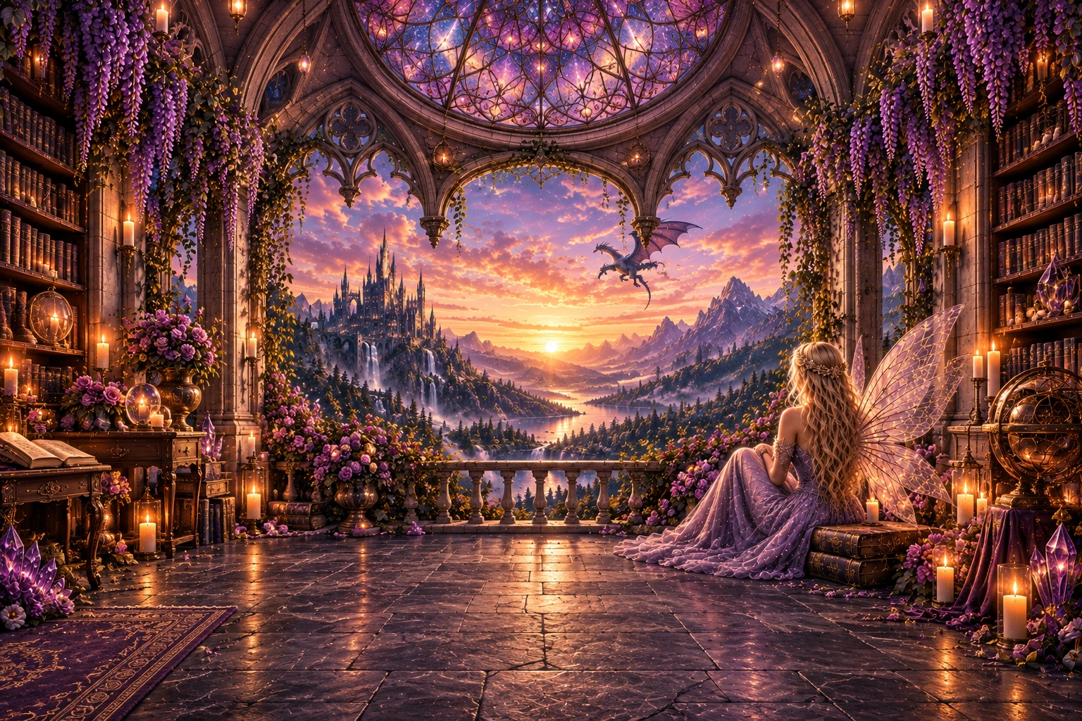 A magical library opening onto a fantasy kingdom at sunset, with a dragon, castle, and seated blonde fairy.