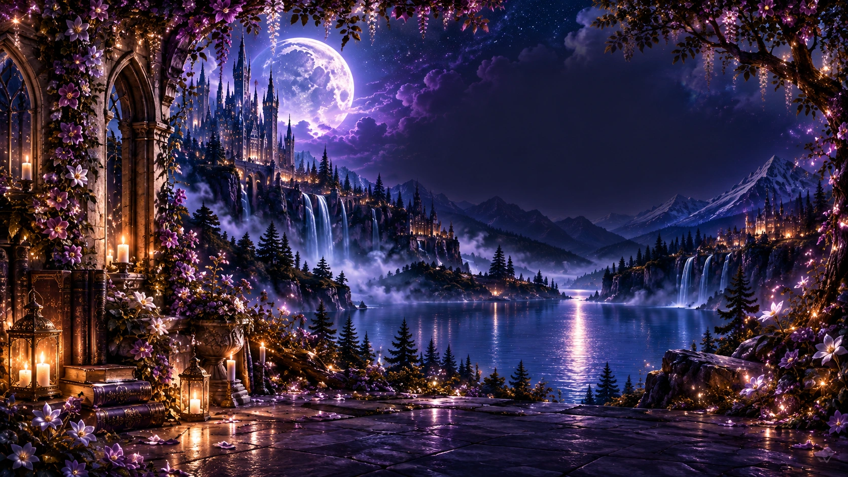 Moonlit Avalon landscape with castles, waterfalls, flowers, and lanterns.
