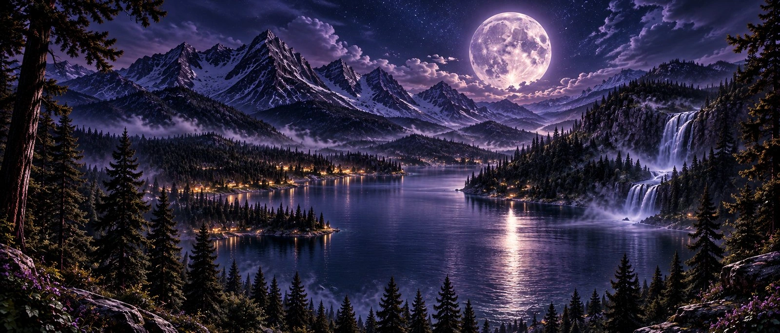 Moonlit Pine Lake, mountains, forest, and waterfall.