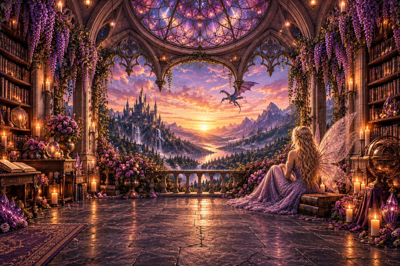A magical library opening onto a fantasy kingdom at sunset, with a dragon, castle, and seated blonde fairy.